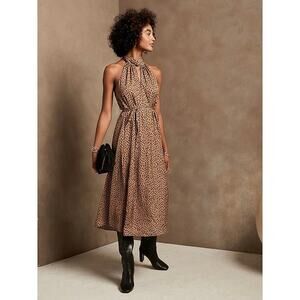 Banana Republic Brown Silky Satin Sleeveless Leopard Print Midi A Line Dress XS